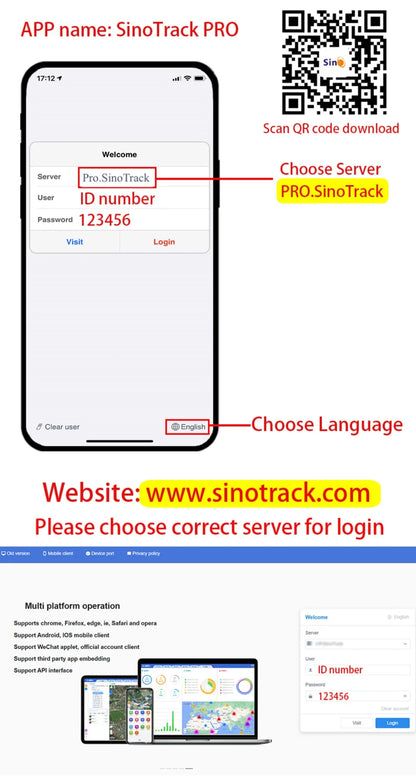 SinoTrack PRO app setup and login guide