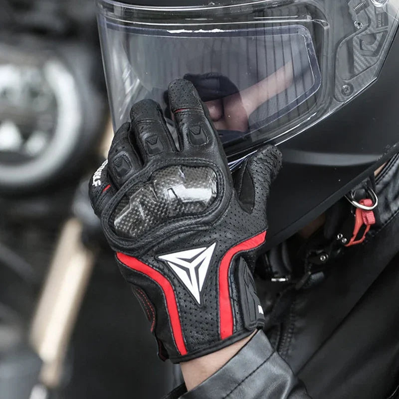 Motorcycle gloves black red worn rider adjusting helmet visor carbon knuckle