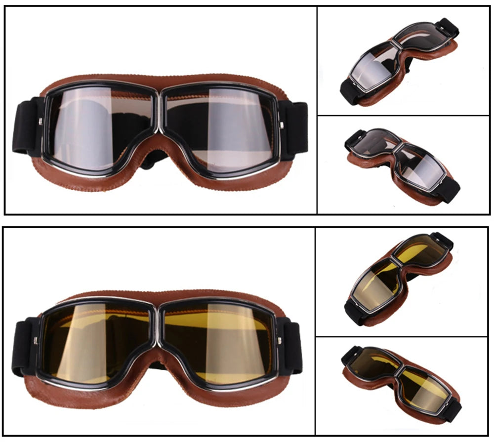 Retro motorcycle goggles brown frame smoke and yellow lens multiple angles