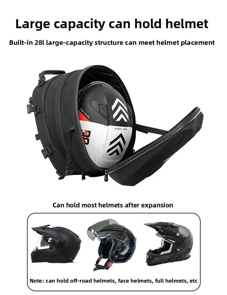 Motorcycle tail bag 28L holding full face helmet compatible with all helmet types