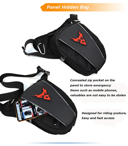 Motocentric leg bag concealed front panel pocket for phone and valuables