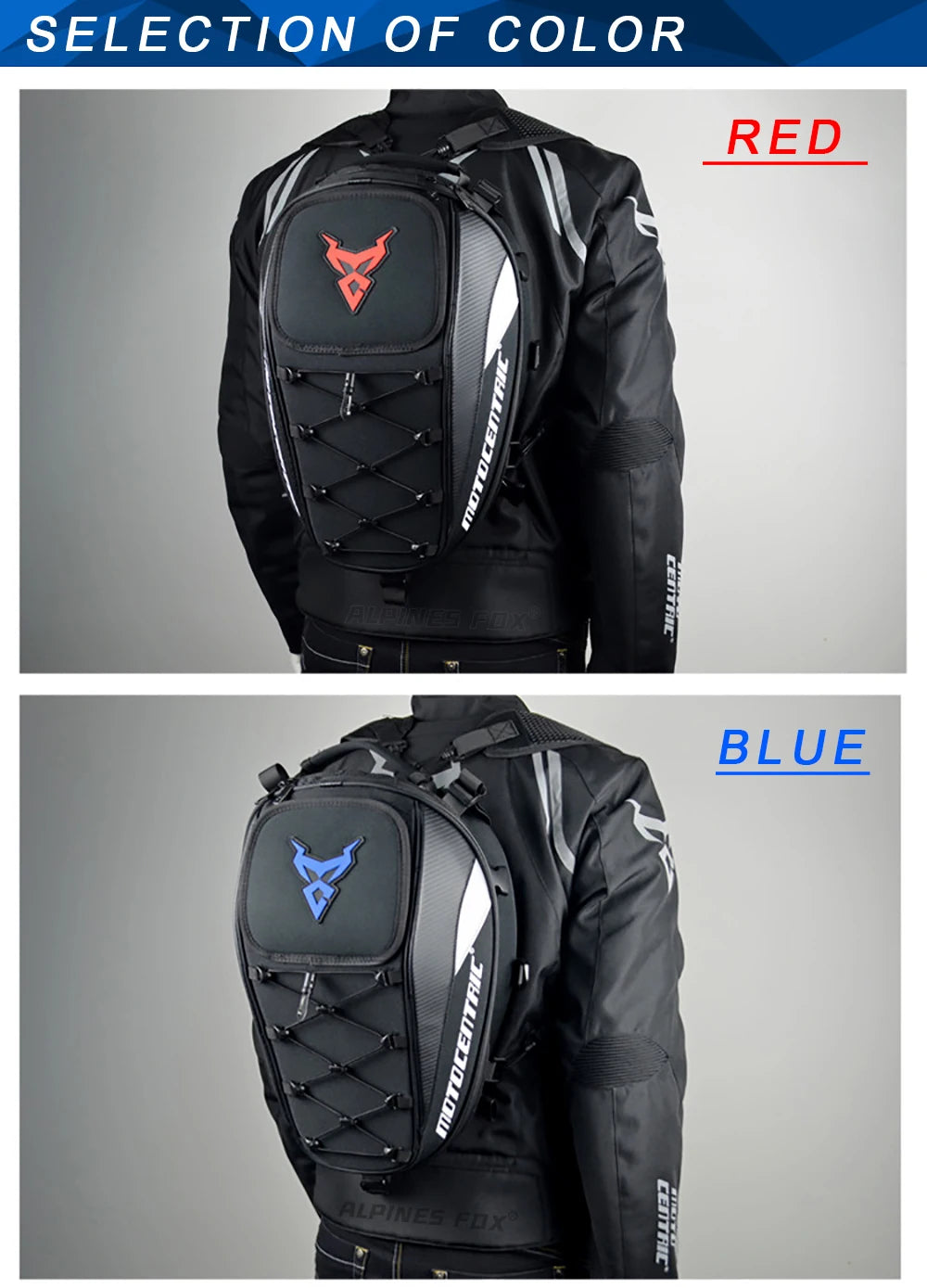 Motocentric motorcycle tail bag color selection red and blue