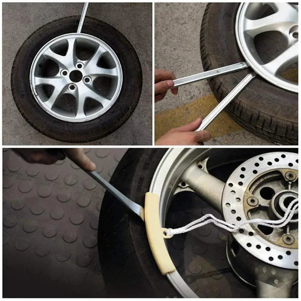 Motorcycle tire lever in use on motorcycle wheel