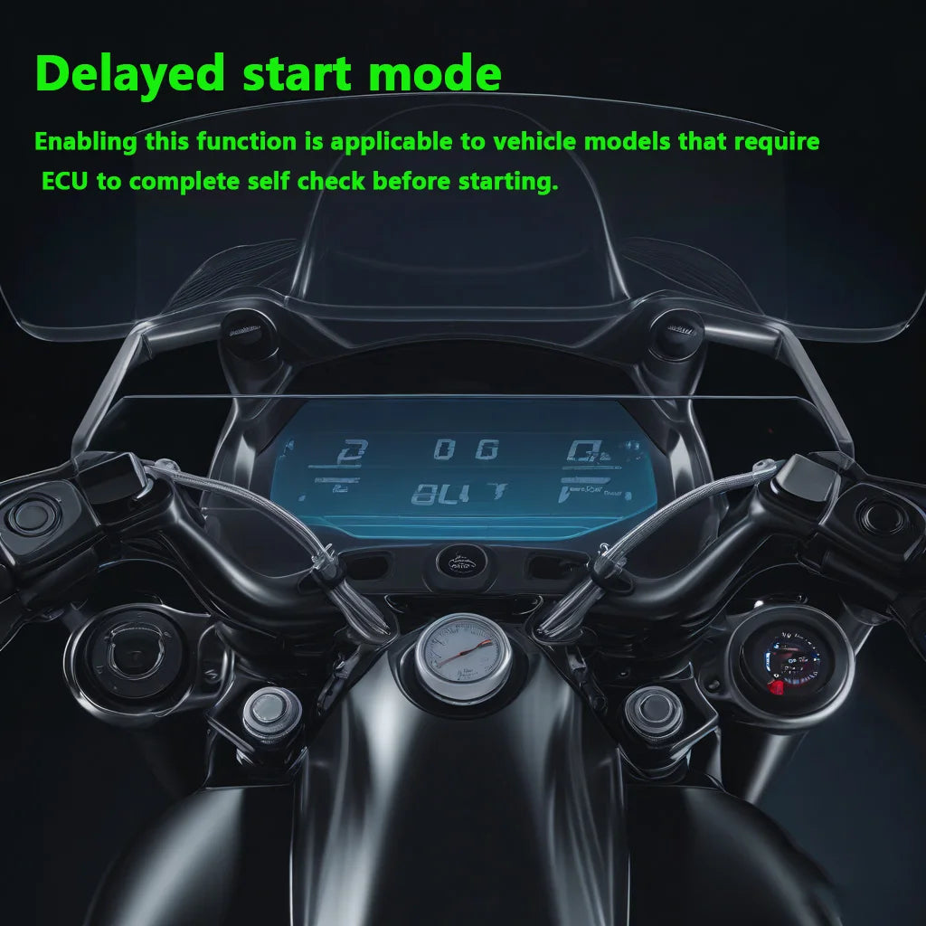 Motorcycle alarm system delayed start mode for ECU self-check vehicles