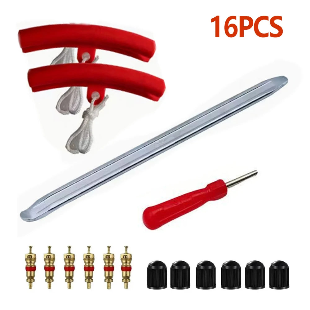 Motorcycle tire lever 16 piece set with rim protectors valve stems and caps
