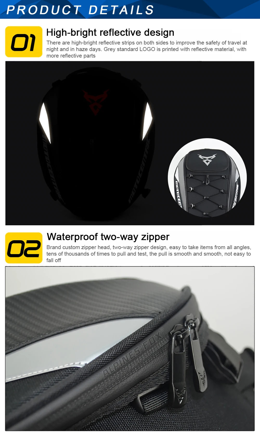 Motocentric motorcycle tail bag reflective strips and waterproof two-way zipper details