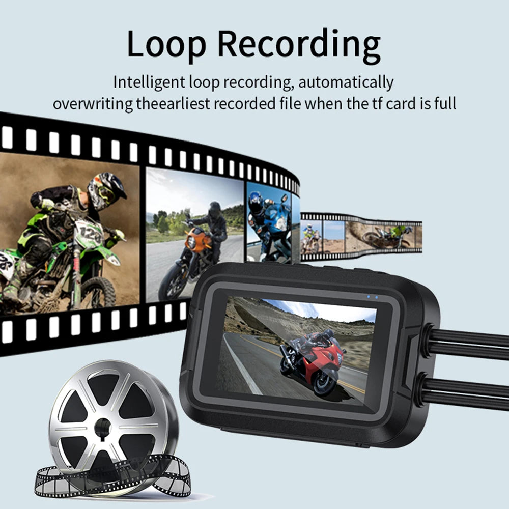 Motorcycle dash cam loop recording feature with automatic file overwrite