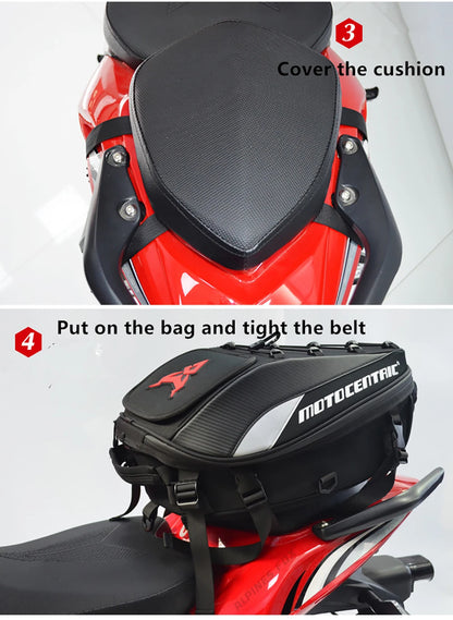 Motocentric motorcycle tail bag installation guide cover cushion and tighten belt