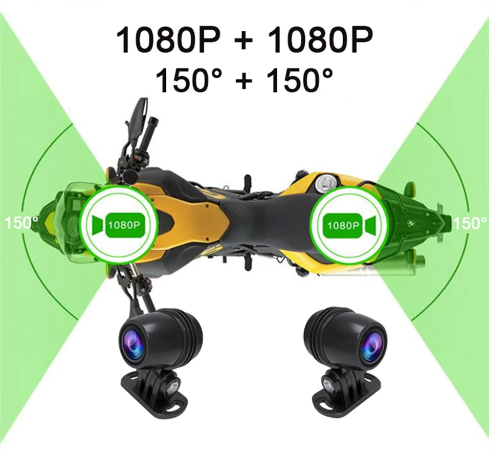Motorcycle dash cam dual 1080p cameras with 150 degree wide angle coverage