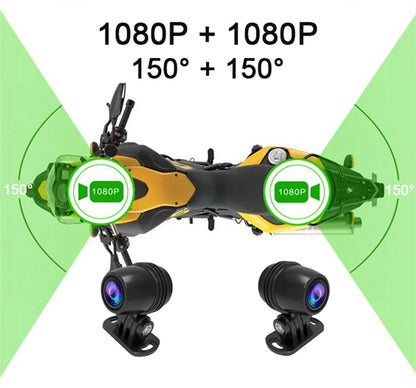 Motorcycle dash cam dual 1080p cameras with 150 degree wide angle coverage