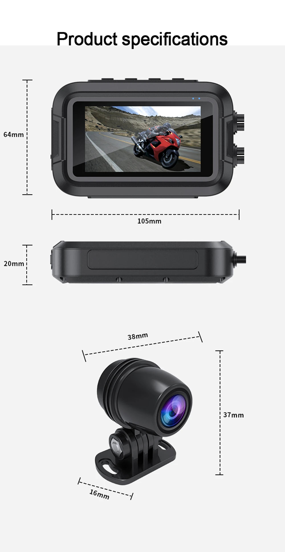 Motorcycle dash cam screen and camera dimensions specifications