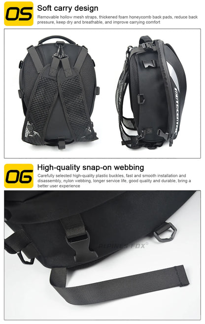 Motocentric motorcycle tail bag breathable back pad and snap-on webbing details