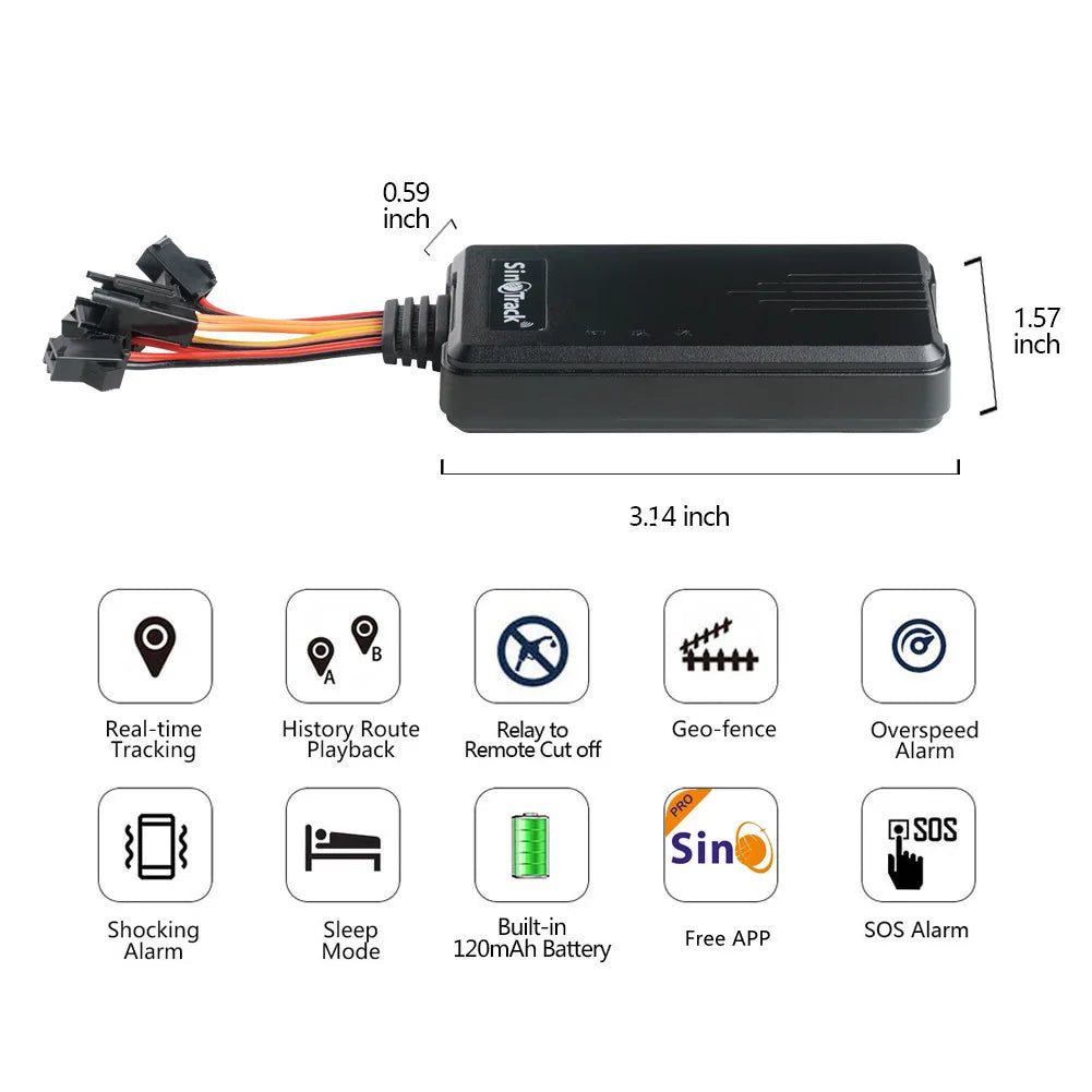 SinoTrack GPS tracker dimensions and features