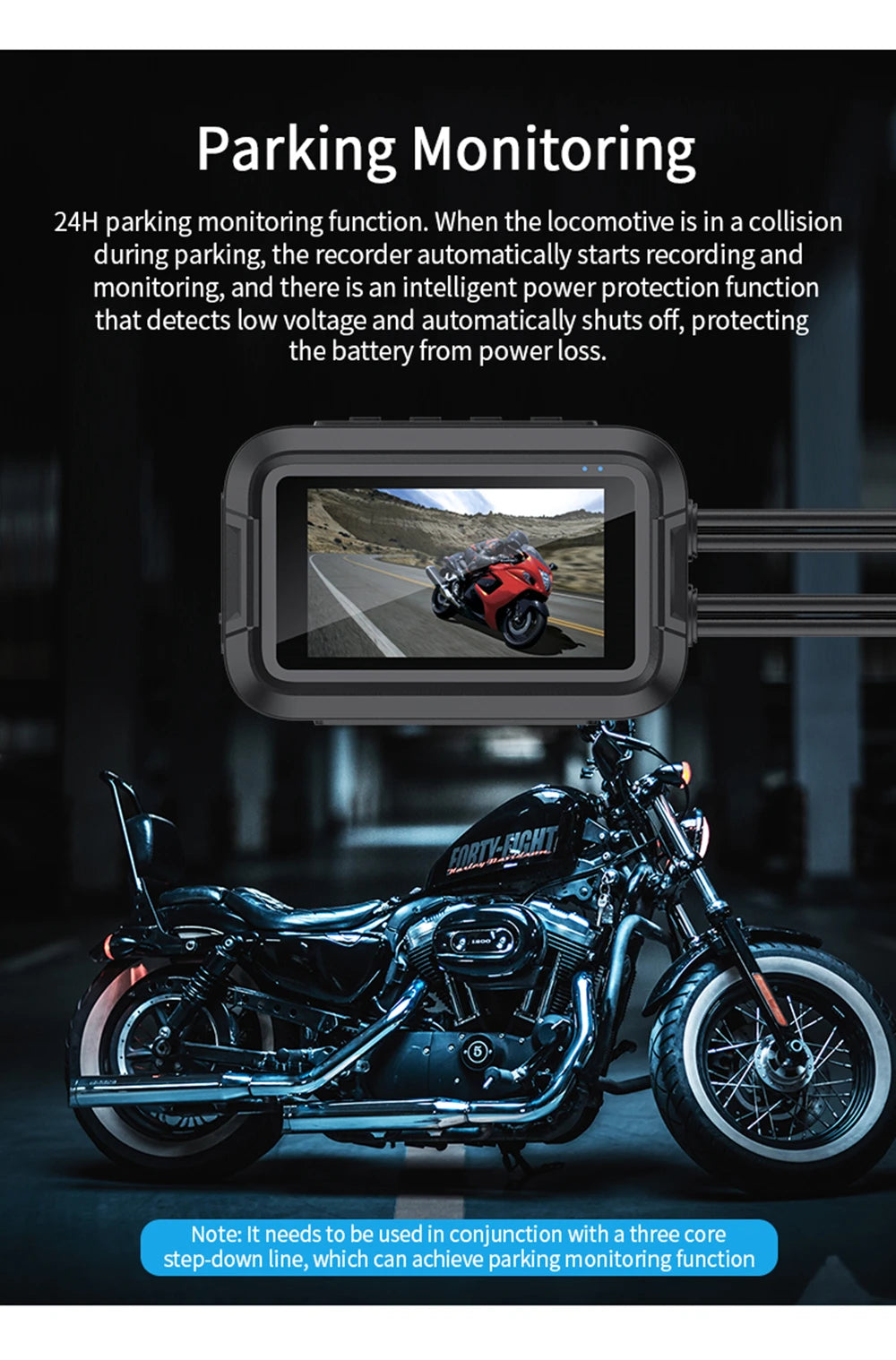 Motorcycle dash cam 24H parking monitoring with battery protection