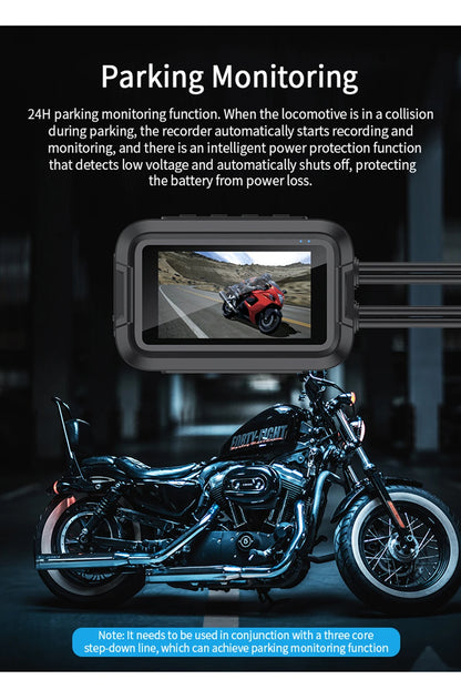 Motorcycle dash cam 24H parking monitoring with battery protection