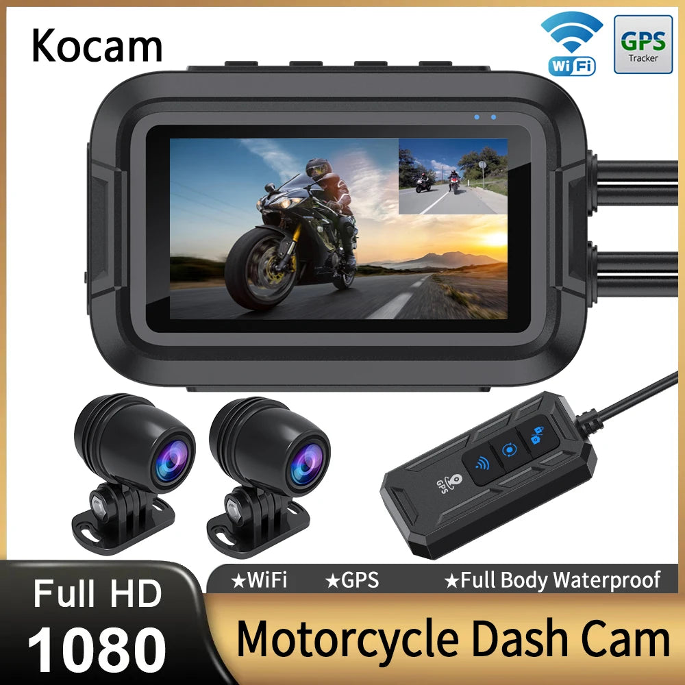 Kocam dual 1080p motorcycle dash cam with WiFi GPS front and rear cameras