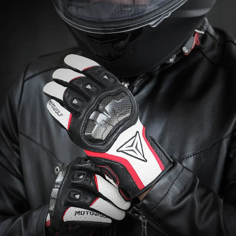 Motorcycle gloves white black red worn leather jacket rider full gear