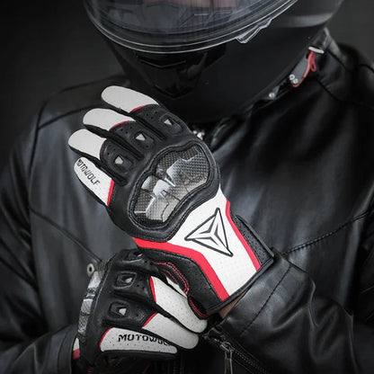 Motorcycle gloves white black red worn leather jacket rider full gear