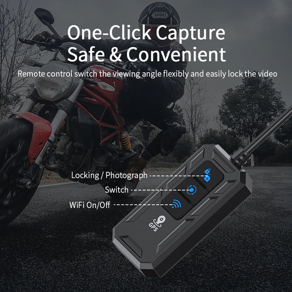 Motorcycle dash cam remote control with one-click capture lock and WiFi