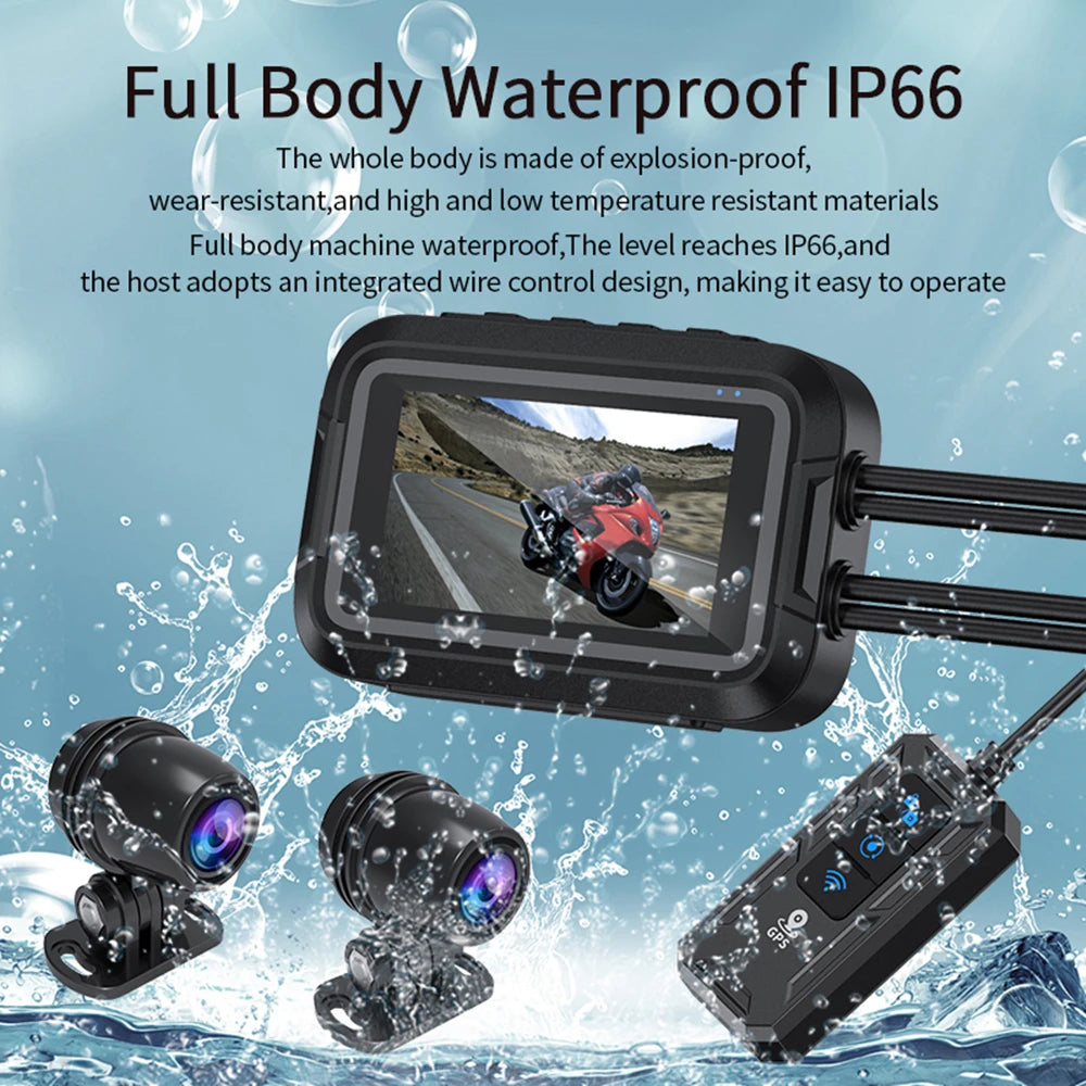 Motorcycle dash cam full body IP66 waterproof rating front rear cameras