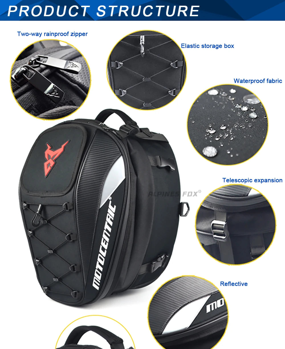 Motocentric motorcycle tail bag structure waterproof zipper elastic storage reflective expandable