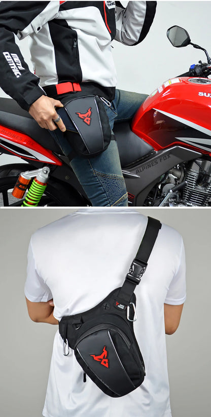 Motocentric leg bag worn on motorcycle and as crossbody shoulder bag