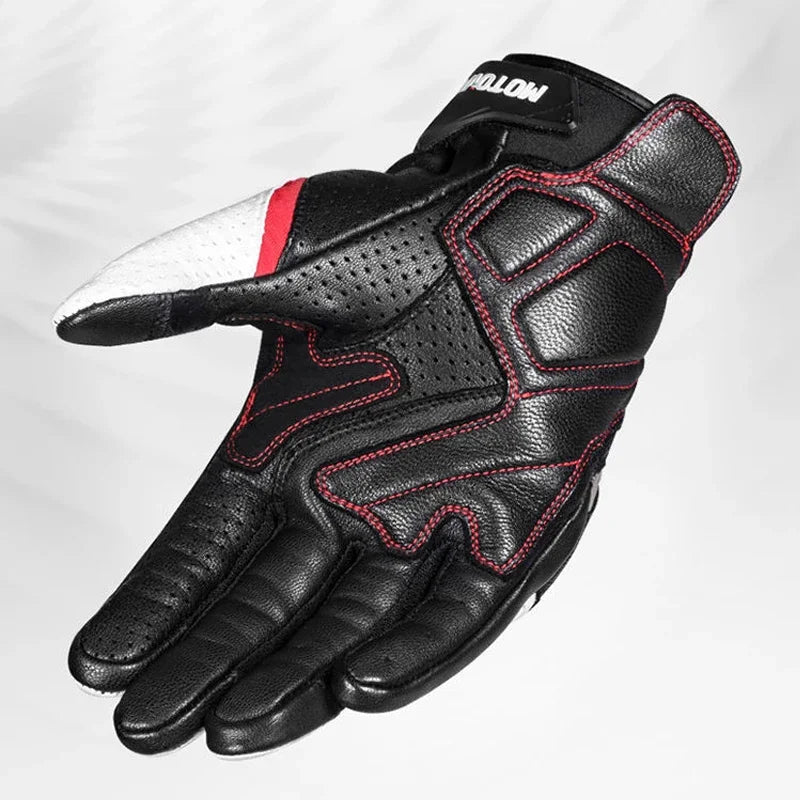 Motorcycle gloves palm view perforated leather red stitching breathable grip