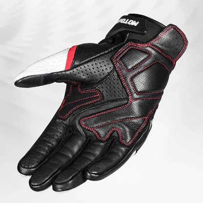Motorcycle gloves palm view perforated leather red stitching breathable grip