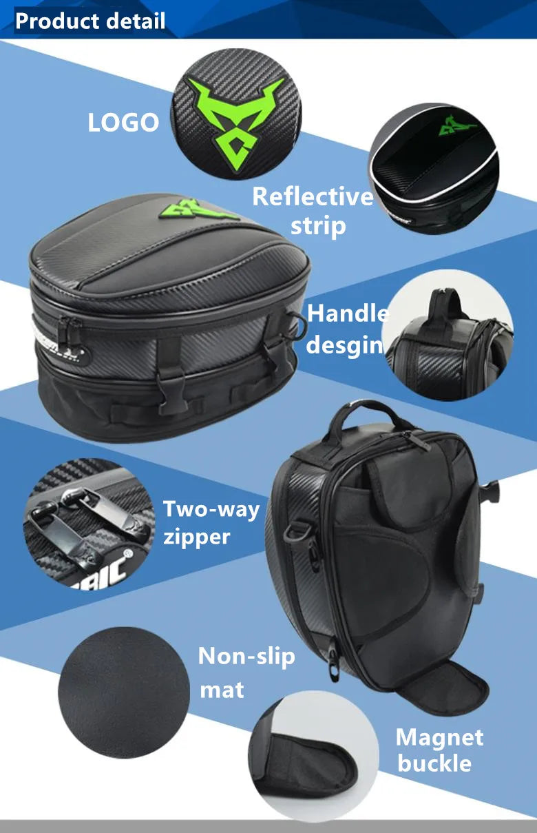 Motocentric tank bag features reflective strip magnetic buckle non-slip mat two-way zipper motorcycle