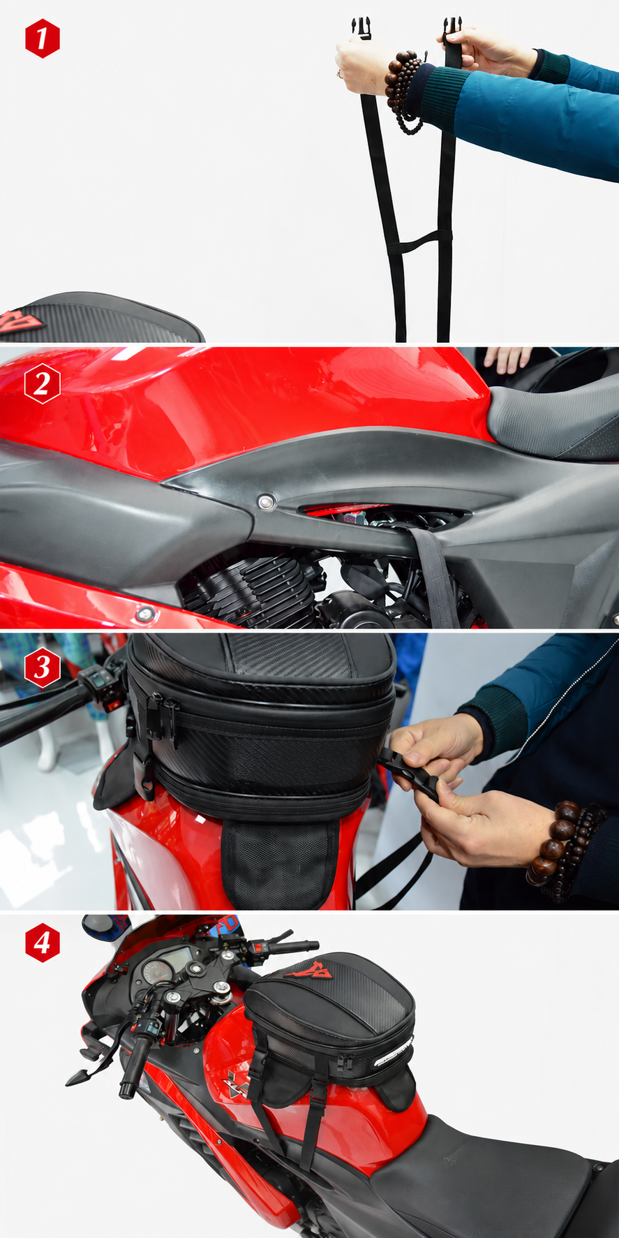 Motocentric tank bag 4 step installation guide motorcycle tank strap magnetic mount