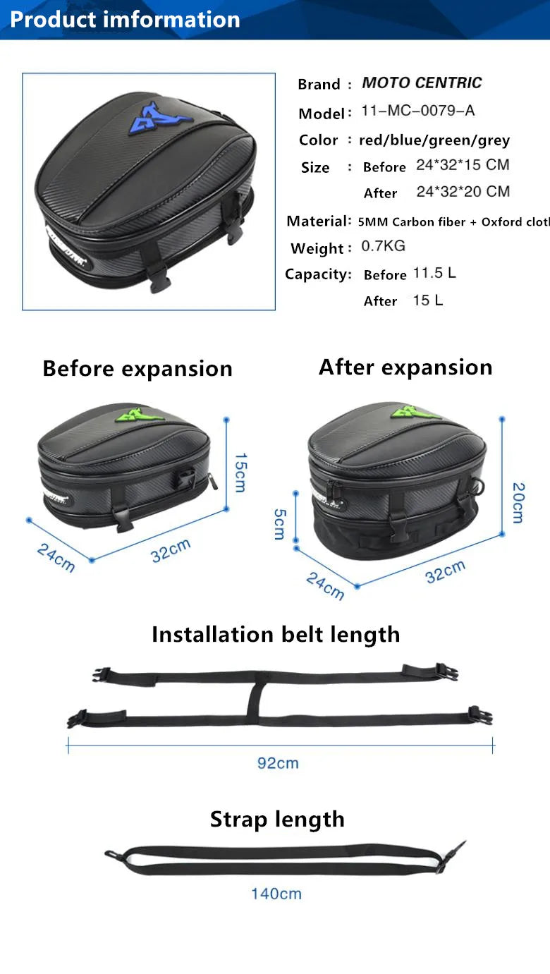 Motocentric tank bag specs 11.5L to 15L expandable dimensions 24x32cm installation belt 92cm