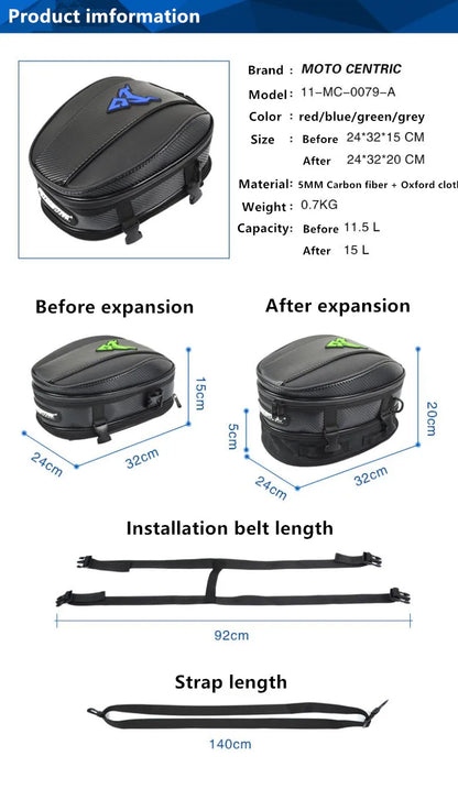 Motocentric tank bag specs 11.5L to 15L expandable dimensions 24x32cm installation belt 92cm