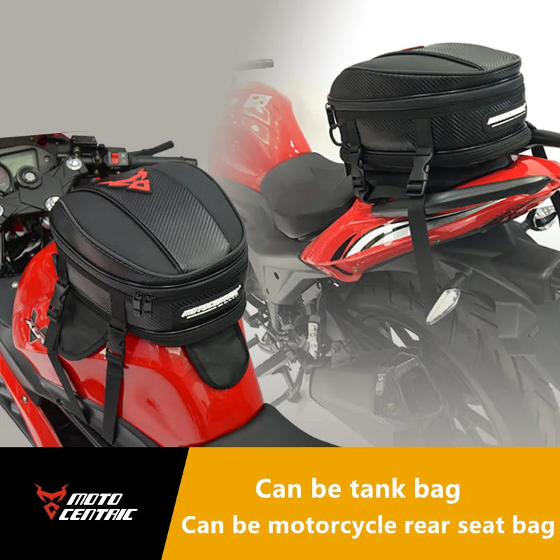 Motocentric tank bag mounted as tank bag and rear seat bag dual position motorcycle