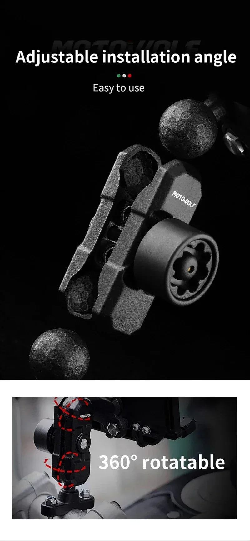 Motorcycle phone mount 360 degree rotatable ball joint adjustable installation angle