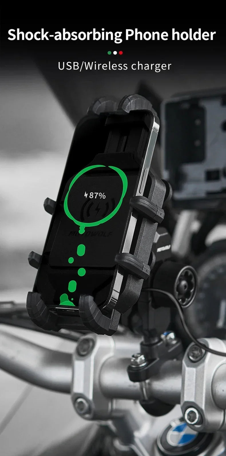 Motorcycle wireless phone mount shock absorbing handlebar BMW USB wireless charging