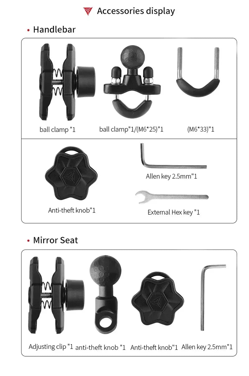 Motorcycle phone mount included accessories handlebar mirror seat ball clamp anti-theft knob allen key