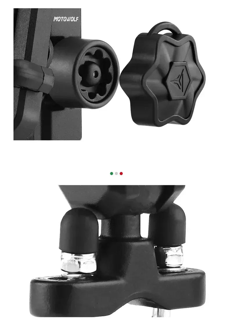 Motorcycle phone mount anti-theft security knob lock close-up handlebar base