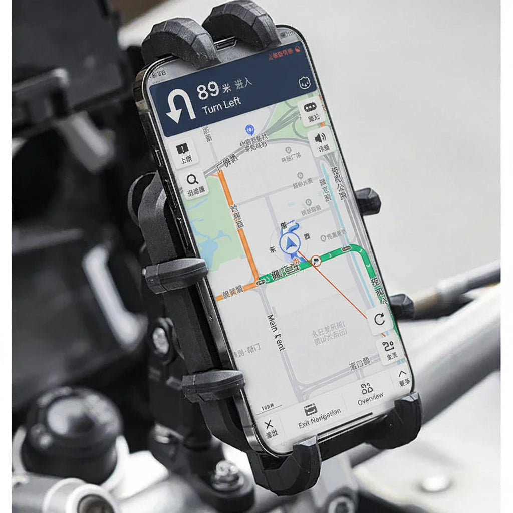 Motorcycle phone mount handlebar GPS navigation display riding in use