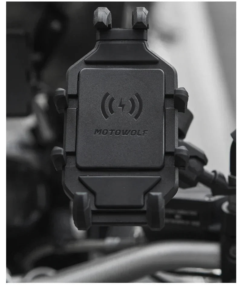 Motowolf motorcycle wireless phone mount installed on handlebar ready to use