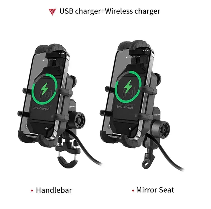 Motorcycle wireless phone mount two installation options handlebar or mirror seat 80% charged