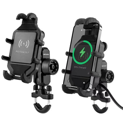 Motorcycle wireless charger phone mount handlebar QC3.0 quick charge 80% charged display