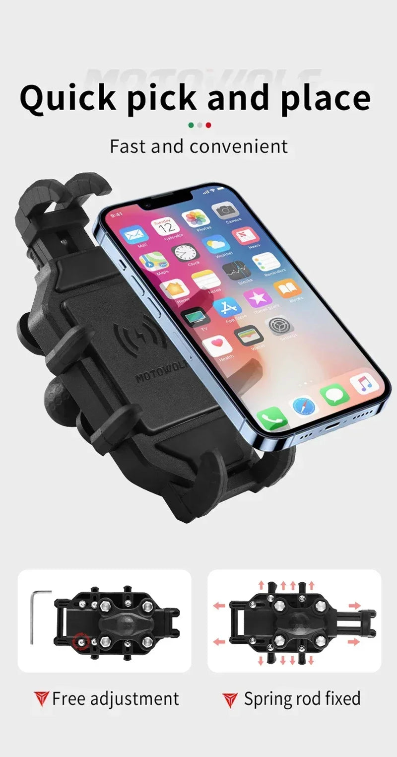 Motorcycle phone mount quick pick and place spring rod fixed free adjustment one hand