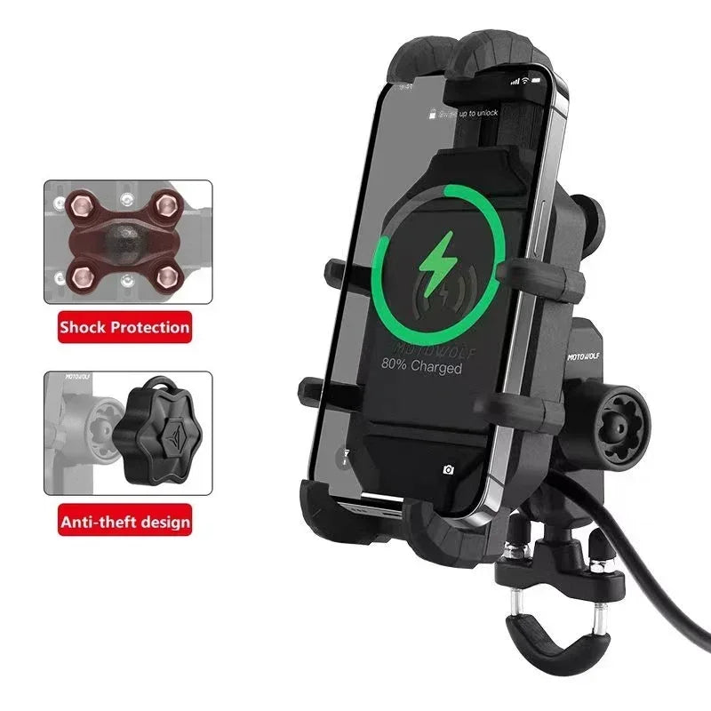 Motorcycle wireless phone mount shock protection anti-theft design 80% wireless charging